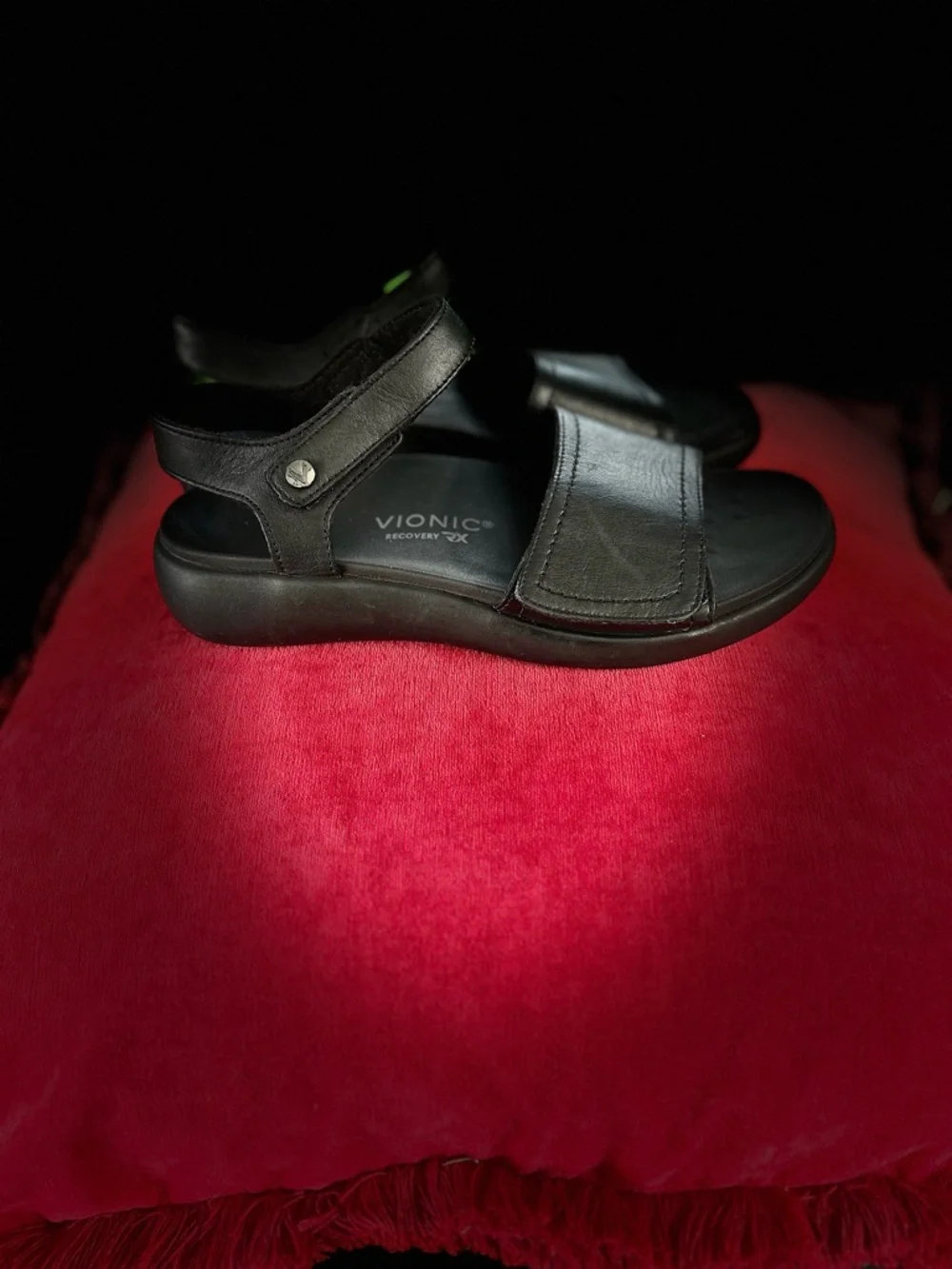 Vionic Black Leather Velcro Strap Sandals
